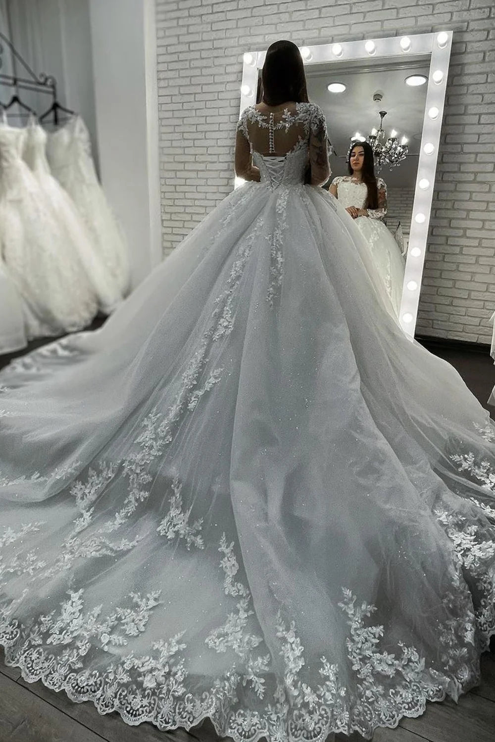 Long Sleeves Sheer Tulle Ball Gown Wedding Dress With Appliques