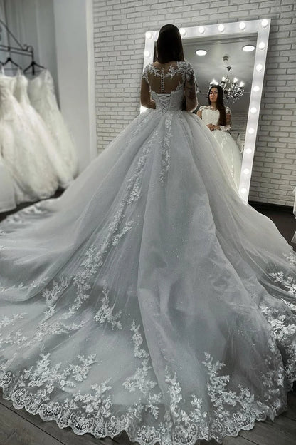 Long Sleeves Sheer Tulle Ball Gown Wedding Dress With Appliques