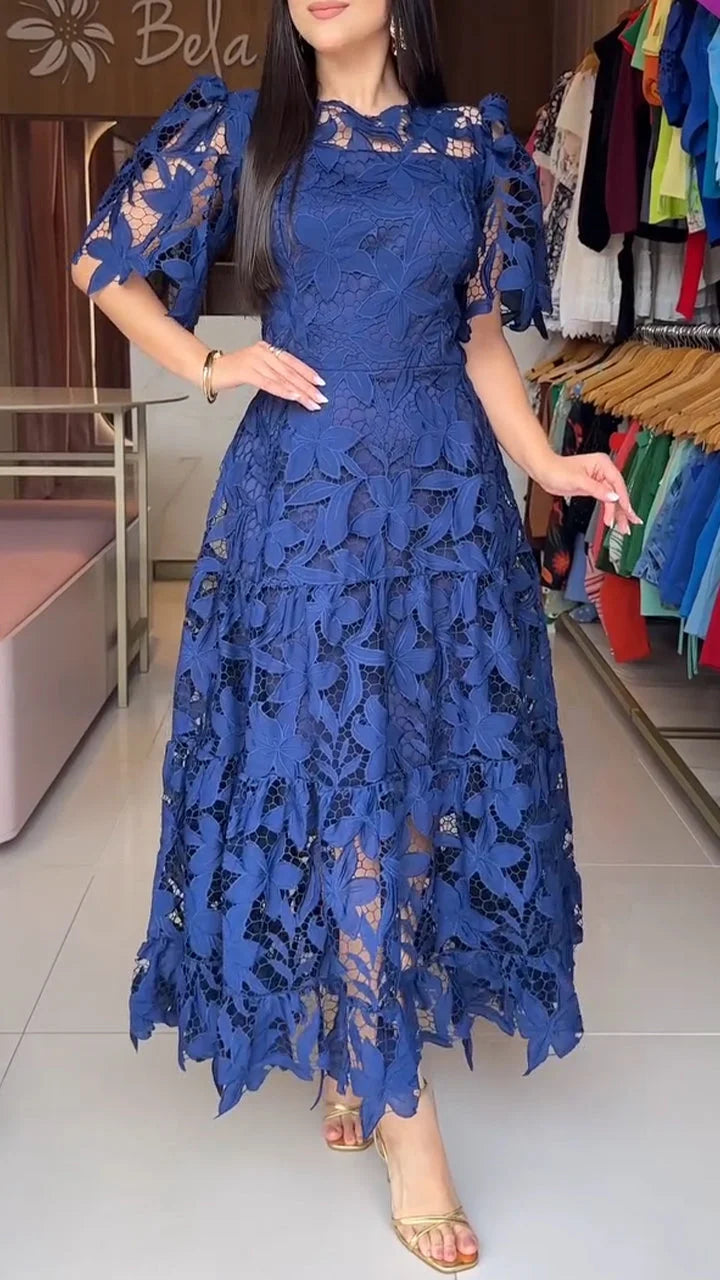 Women's short-sleeved lace hollow dress