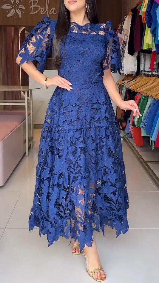 Women's short-sleeved lace hollow dress