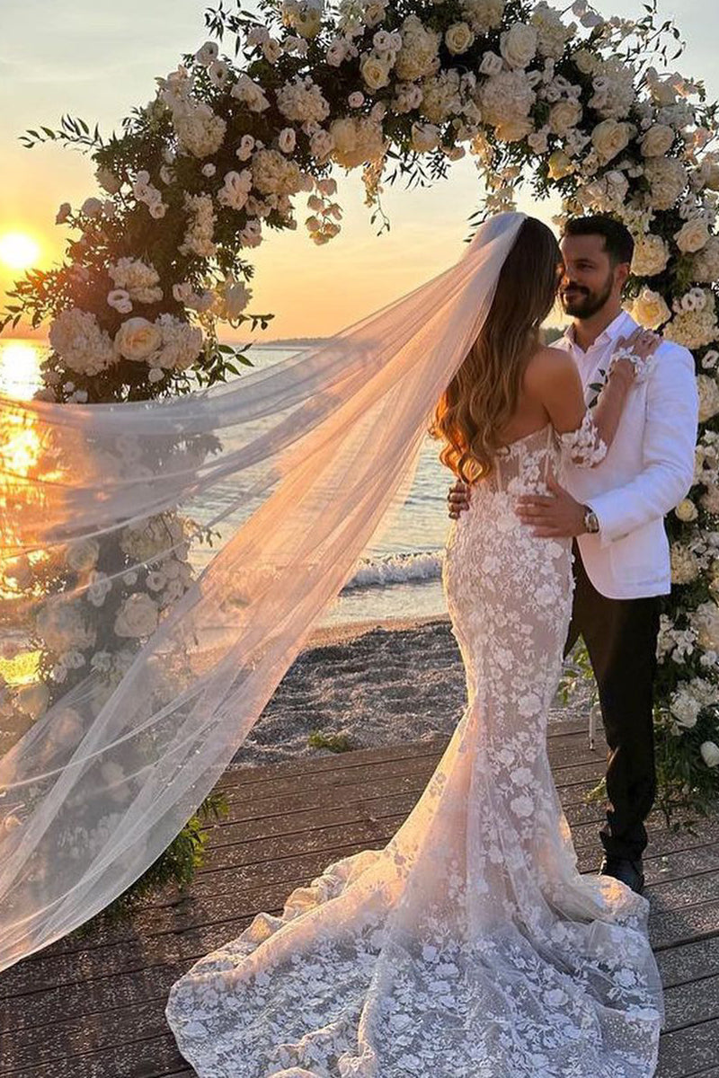 Gorgeous Mermaid Sweetheart Lace Wedding Dresses with 3D Appliques