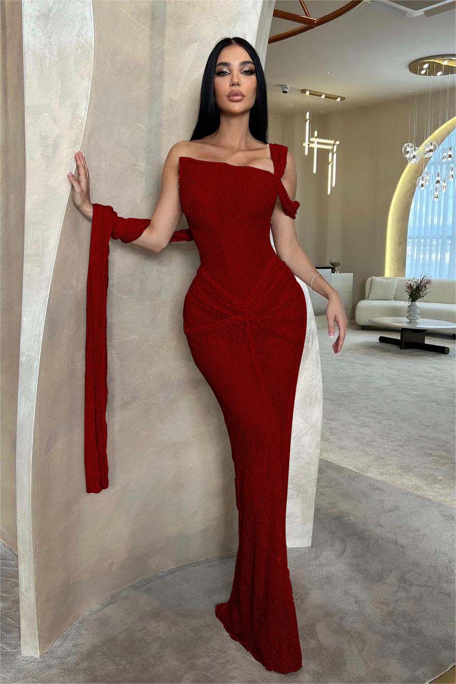 Lussooy Sage Shinning One Shoulder Sequins Sleeveless Split Prom Dress with Pleated