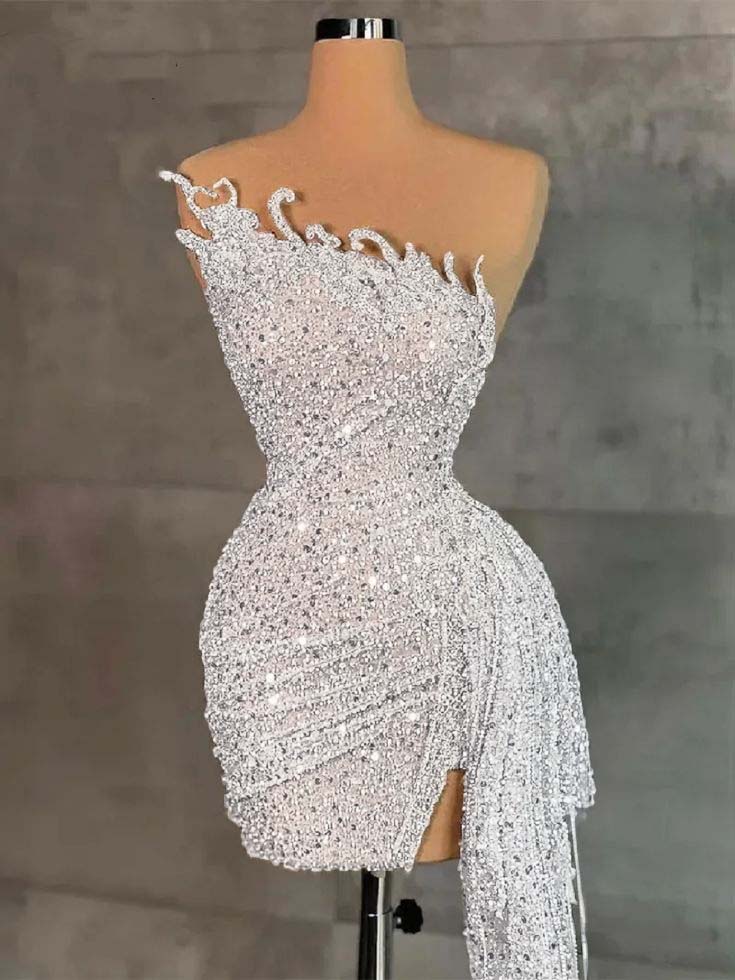 Lussooy Gorgeous High Neck Brown Chiffon Long Sleeves Short Prom Dress with Pleated