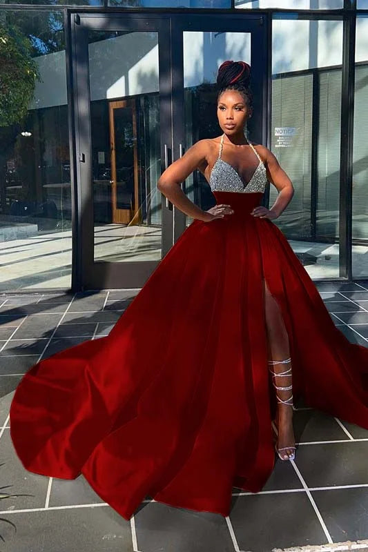 Glamorous Yellow Sequins V-Neck A-Line Prom Dress  Sleeveless With Split