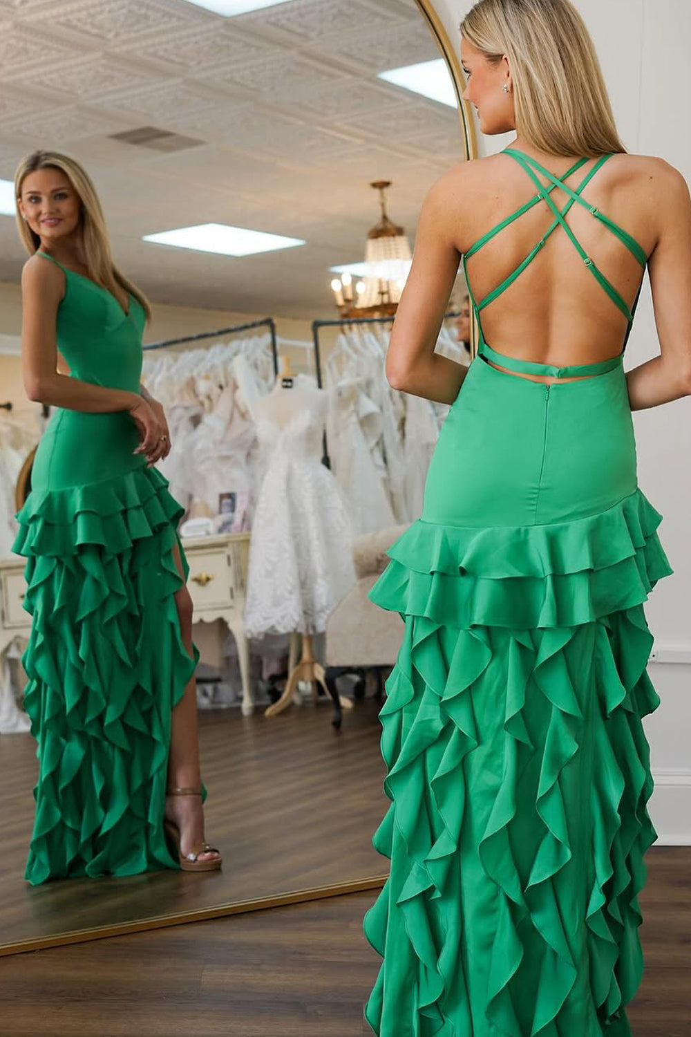 Cute Sheath V Neck Green Satin Ruffeld Prom Dress with Slit