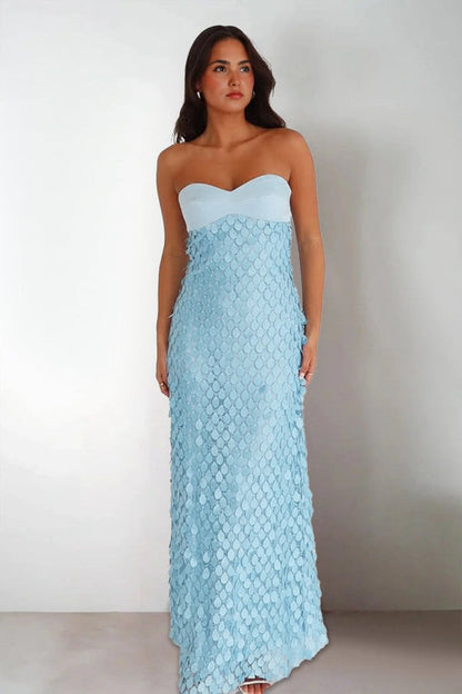 Sheath Strapless Light Blue Satin Sequins Long Prom Dresses