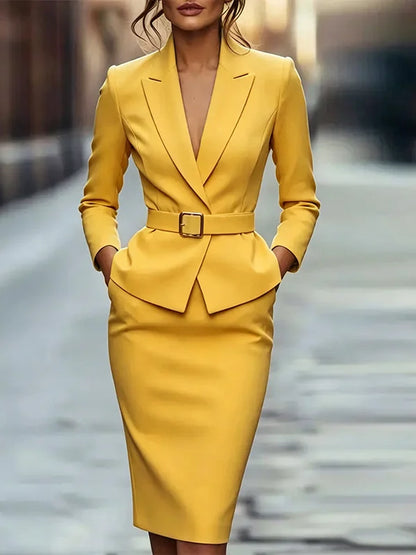 Ice Blue Fitted Waist Blazer Pencil Skirt 2-Piece Suit