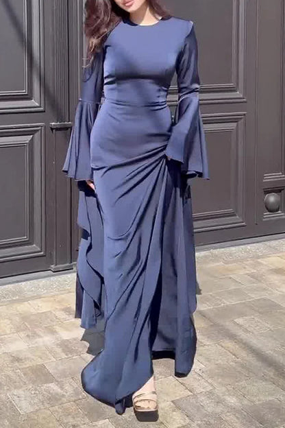 Irregular Flare Sleeve Round Neck Solid Color Maxi Dresses