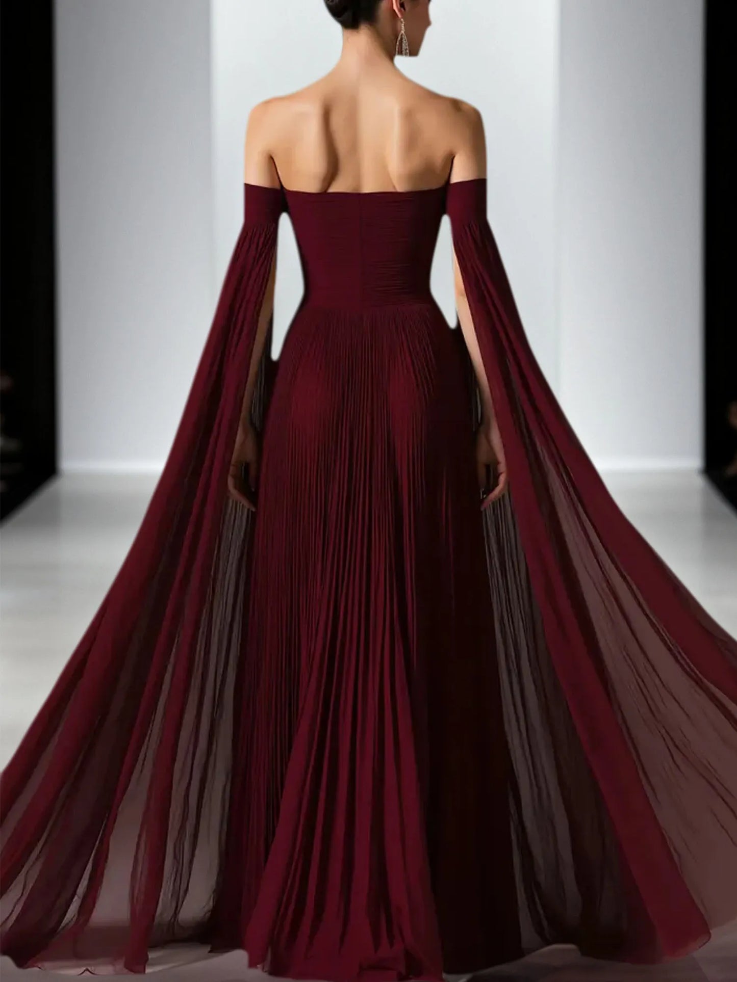Flowy Burgundy Off the Shoulder Pleated Long Formal Dress with Cape