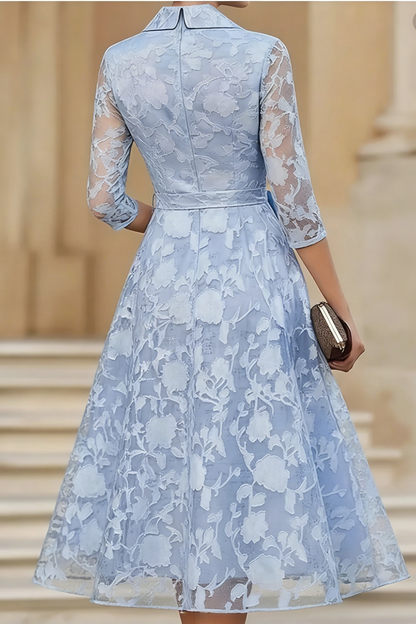 Polished A-Line V-Neck 3/4 Sleeves Bow Tea-Length Lace Mother of the Bride Dress