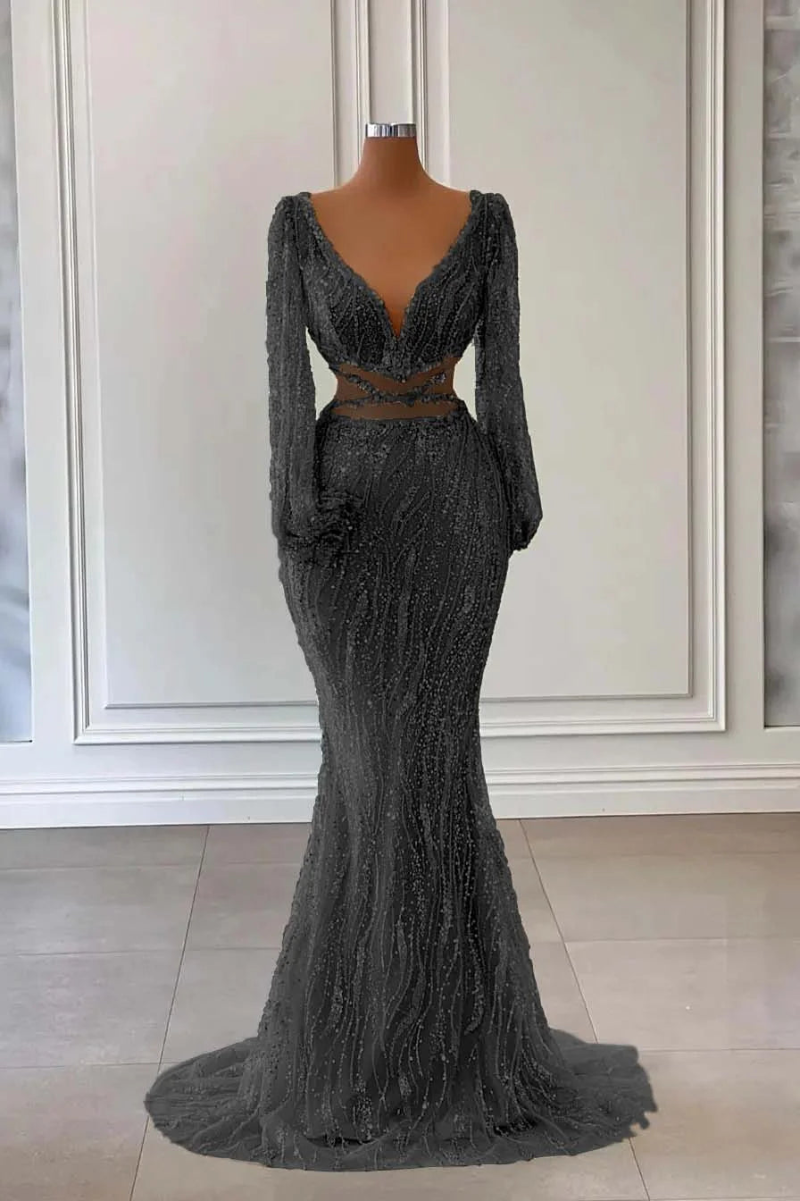 Light Green Long Sleeves V-Neck Mermaid Evening Dress With Sequins Beads