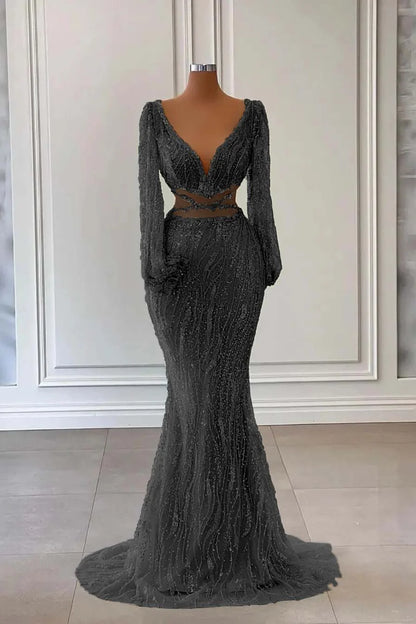 Light Green Long Sleeves V-Neck Mermaid Evening Dress With Sequins Beads