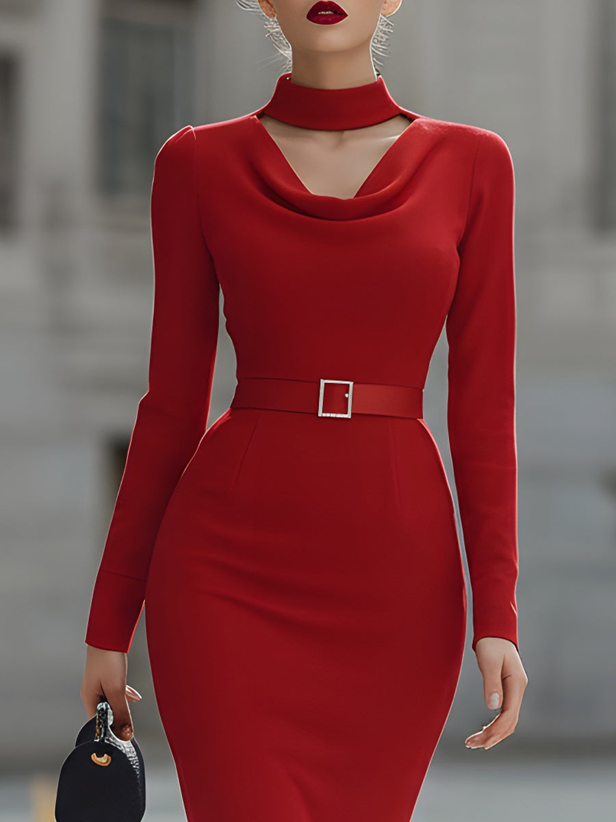 Glamorous Red Cowl Neck Cutout Belted Sheath Dress