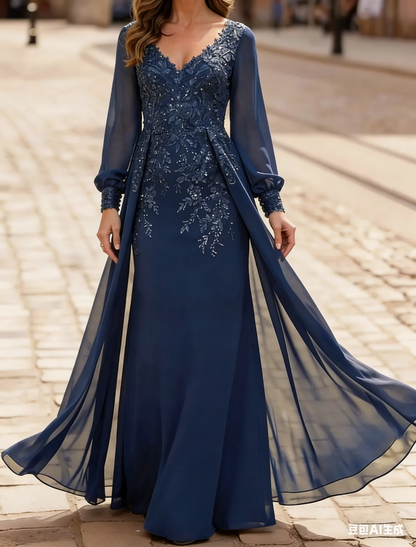 Understated A-Line V-Neck Long Sleeves Sequin Floor-Length Chiffon Corset Mother of the Bride Dress