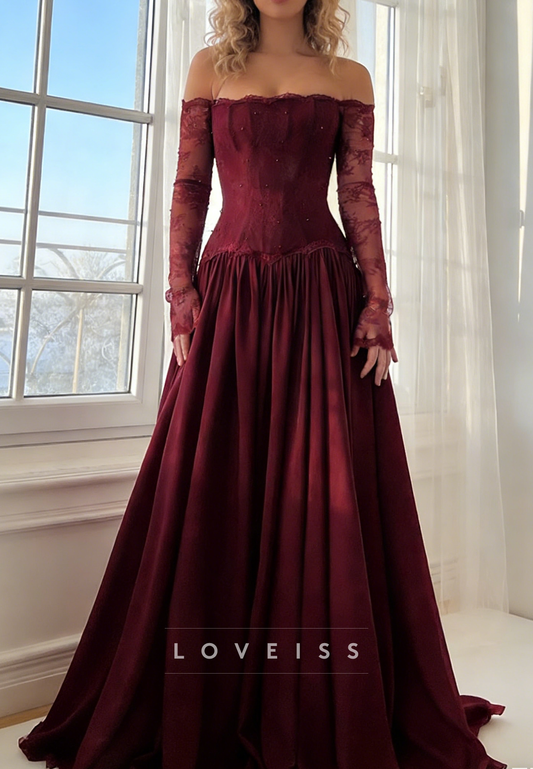 Off-Shoulder Long Formal Dress Sleeves Appliques A-Line Prom Dress