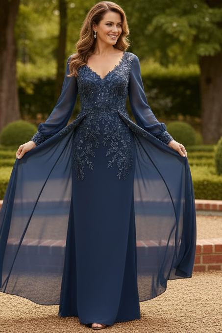Understated A-Line V-Neck Long Sleeves Sequin Floor-Length Chiffon Corset Mother of the Bride Dress