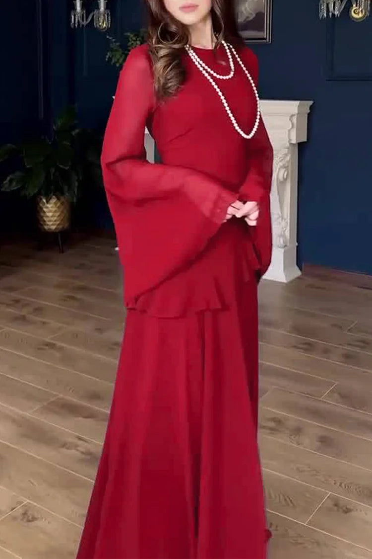 Round Neck Long Sleeve Ruffle Trim Lace Up Solid Color Maxi Dresses