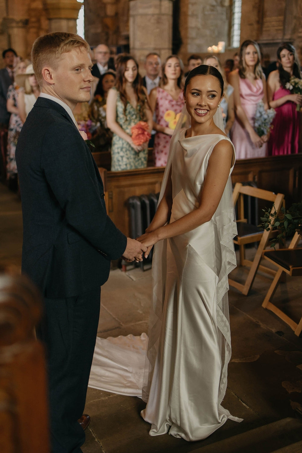 Romantic Sheath Boat Neck Silk Satin Long Weddingl Dresses