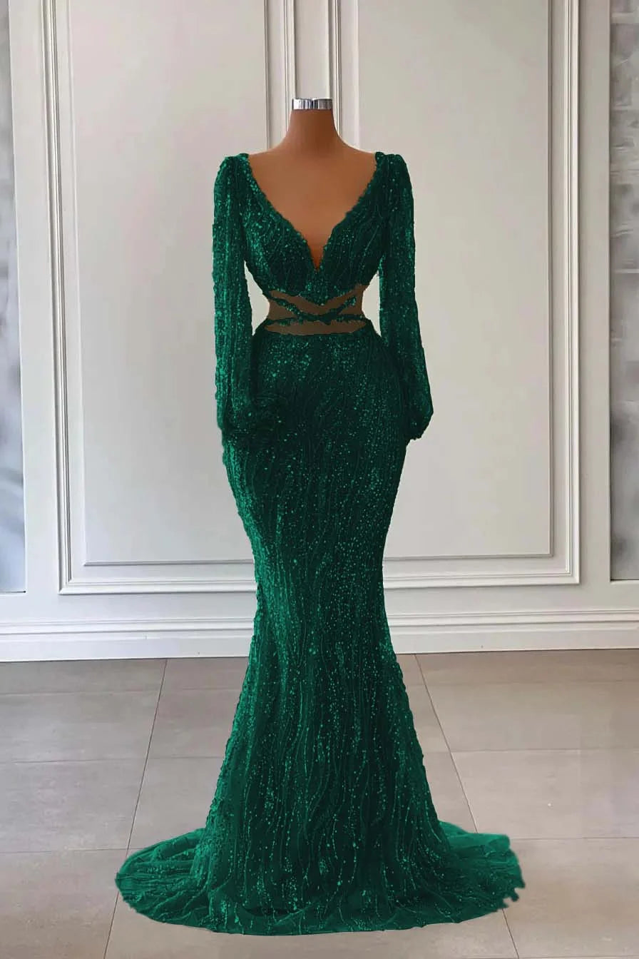 Light Green Long Sleeves V-Neck Mermaid Evening Dress With Sequins Beads