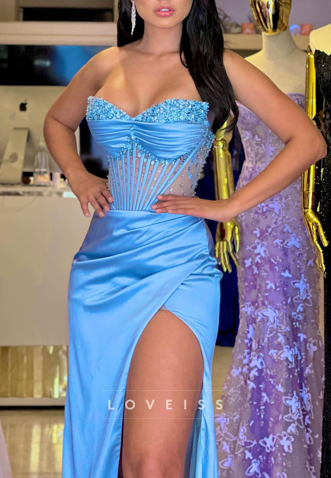 Sweetheart Sleeveless Beaded Sheer Ruched Side Slit Prom Dress