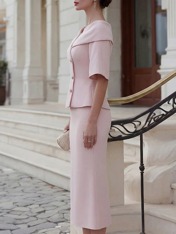 Blush Pink Peplum Blazer Midi Pencil Skirt 2-Piece Suit