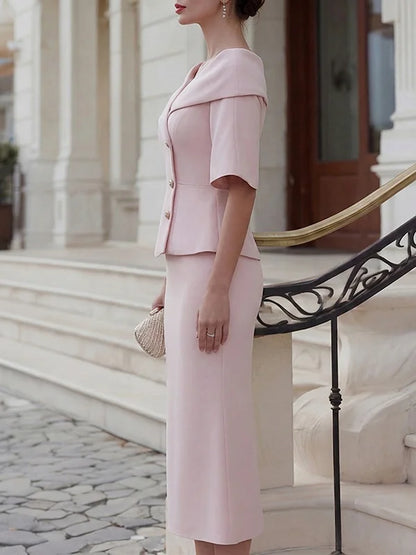 Blush Pink Peplum Blazer Midi Pencil Skirt 2-Piece Suit