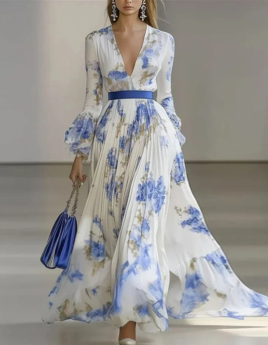 V-neck Light Blue Floral Maxi Dress