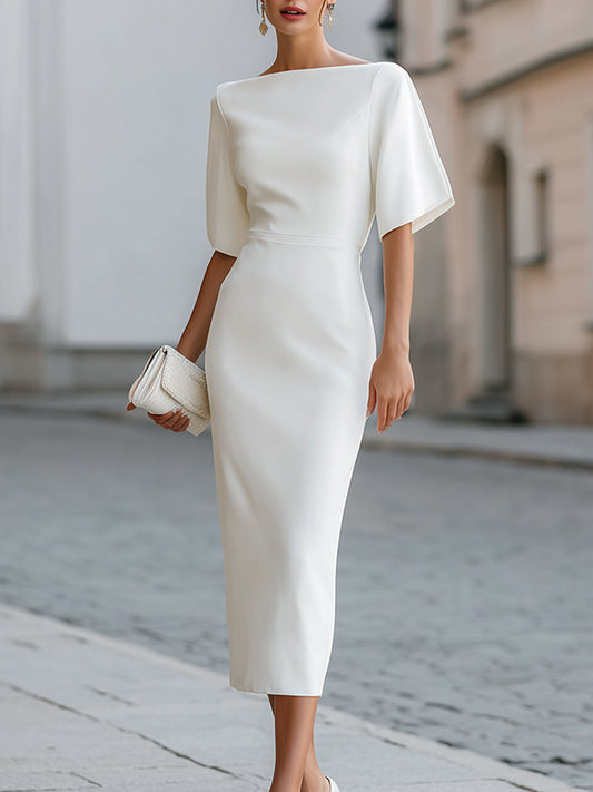 Boat Neck Short Sleeve Tailored Midi Dress