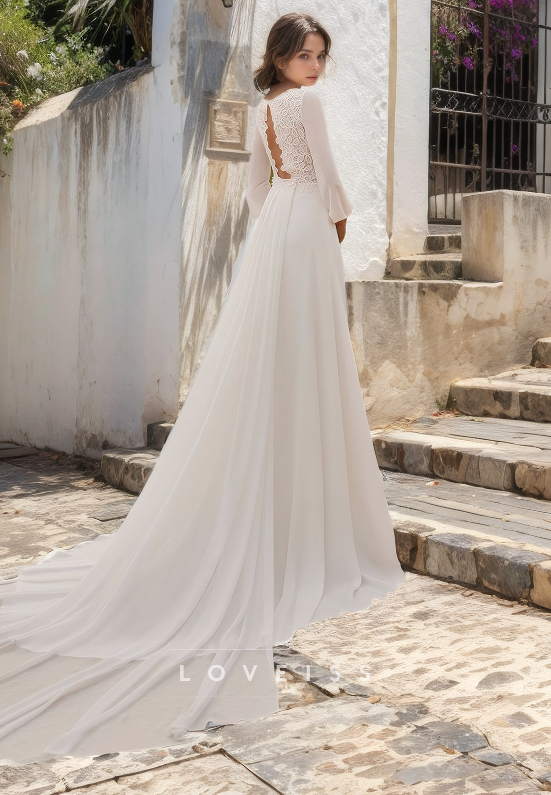 A Line Bateau Lace Appliques Long Sleeves Boho Wedding Dress