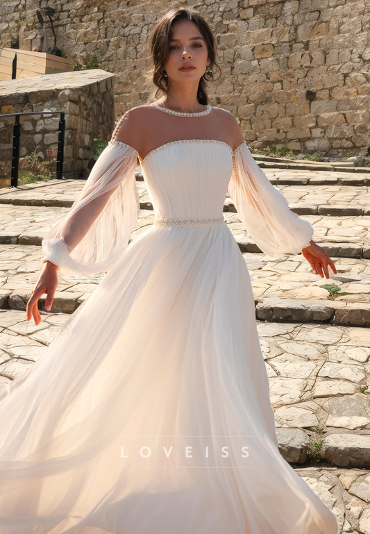 Scoop Long Sleeves Chiffon A-Line Boho Wedding Dress