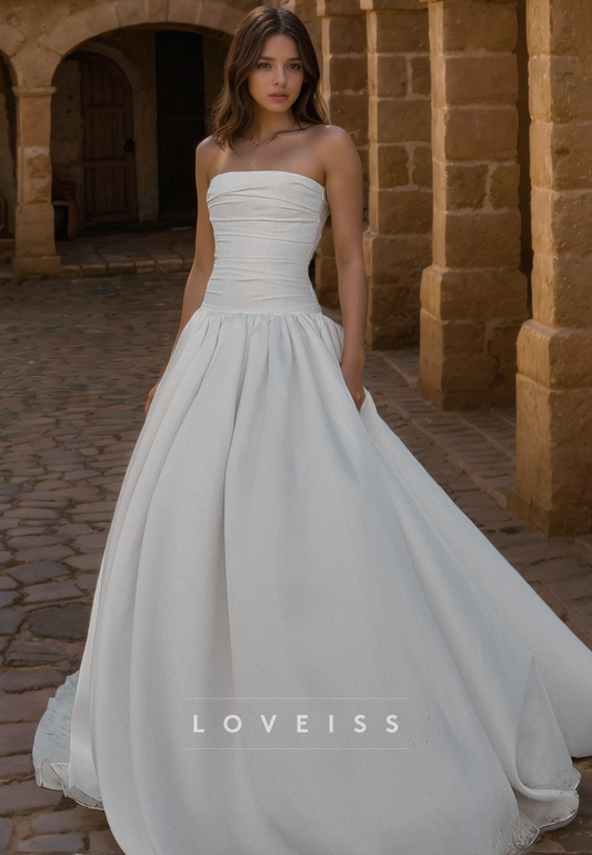 Straight Across Sleeveless Pleated A-Line Wedding Dress