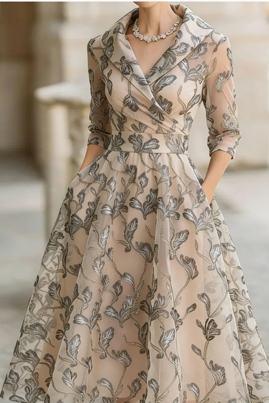 Elegant A-Line V-Neck 1/2 Sleeves Pleated Tea-Length Mother of the Bride Dress