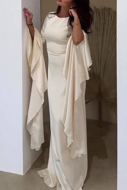 Irregular Flare Sleeve Round Neck Solid Color Maxi Dresses