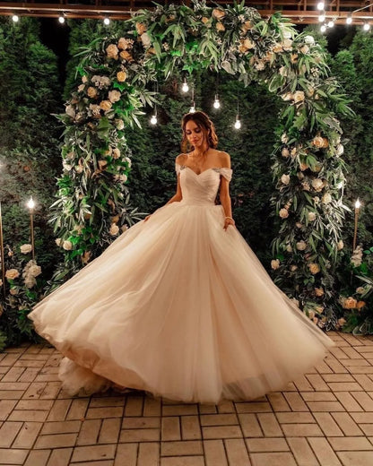 Beautiful Tulle Off-the-shoulder A-line Long Wedding Dress With Chapel Train