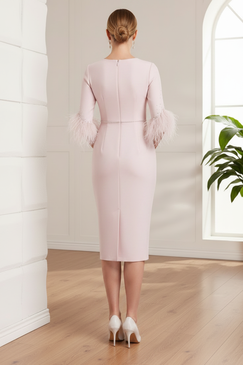 V-Neck Long Sleeves Feathered Sheath Mother of Bride Dress
