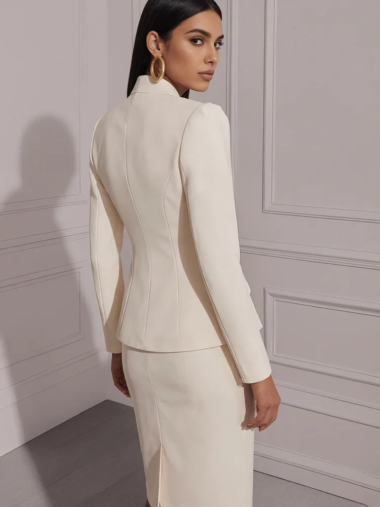 Light Beige Structured Waist Cinching Stand Collar Blazer Skirt 2-Piece Suit