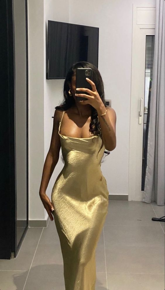 Gold Square Neck Straps Backless Black Girl Long Party Dress