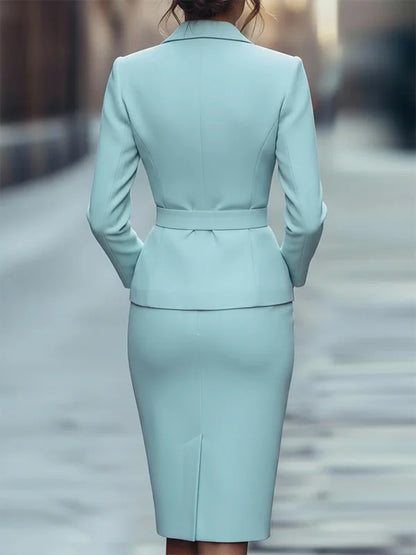 Ice Blue Fitted Waist Blazer Pencil Skirt 2-Piece Suit
