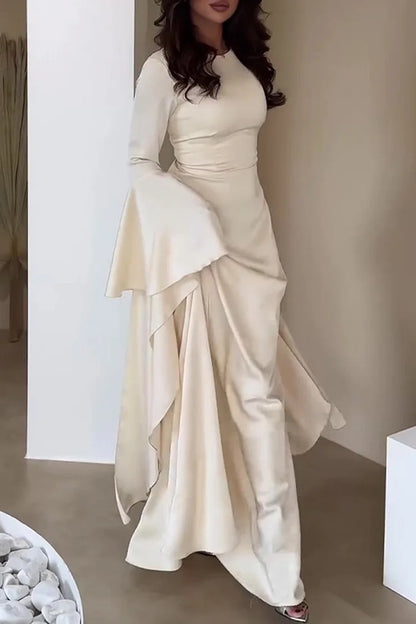 Irregular Flare Sleeve Round Neck Solid Color Maxi Dresses