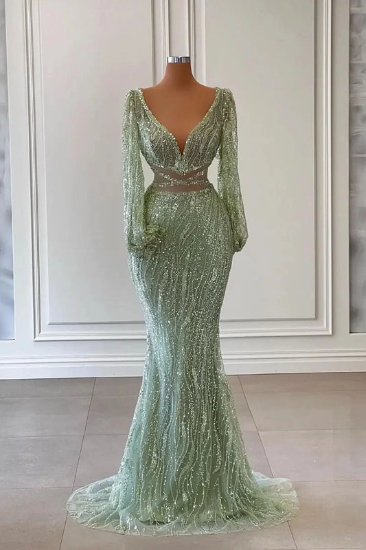 Light Green Long Sleeves V-Neck Mermaid Evening Dress With Sequins Beads