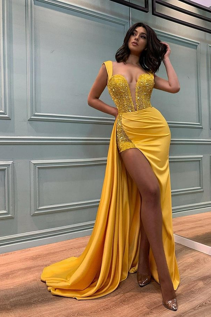 Stain Yellow Sequins Slit Prom Dress with Ruffles
