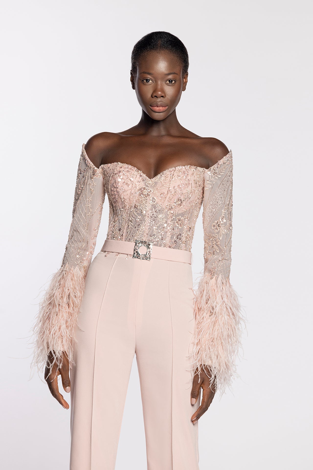 Fully beaded feathered top with crepe pants