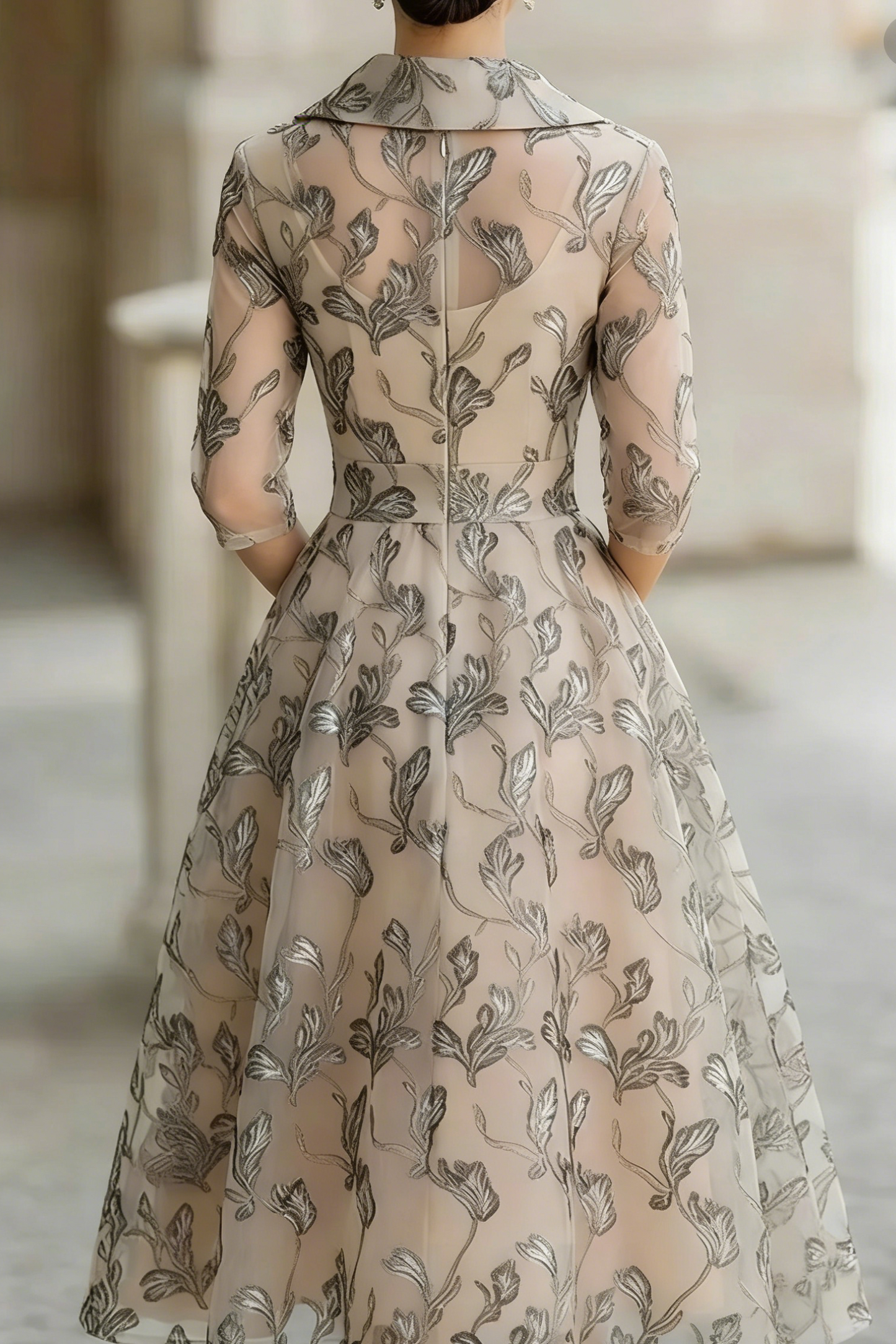Elegant A-Line V-Neck 1/2 Sleeves Pleated Tea-Length Mother of the Bride Dress