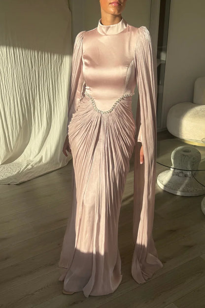 Rhinestone Cape Sleeve Ruched High Neck Party Maxi Dresses