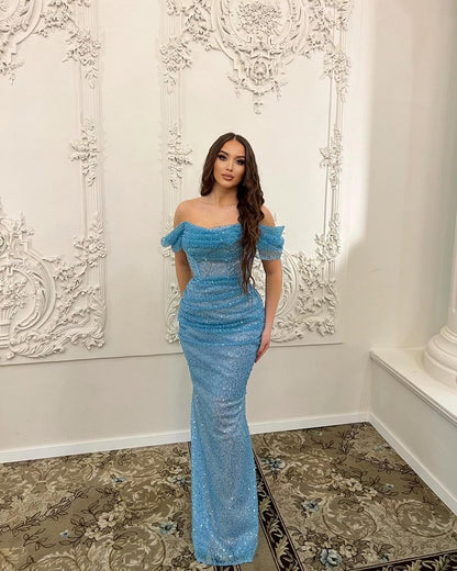 Blue Off The Shoulder Mermaid Sequins Evening Dress