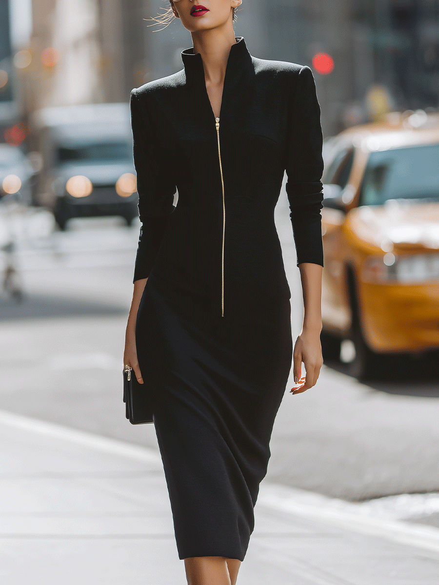 Black Zip-Front Midi Dress With Structured Shoulders