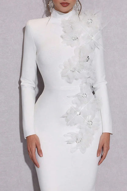 3D Rhinestone Flower Decor Mock Neck Slim Fit Party Maxi Dresses-White