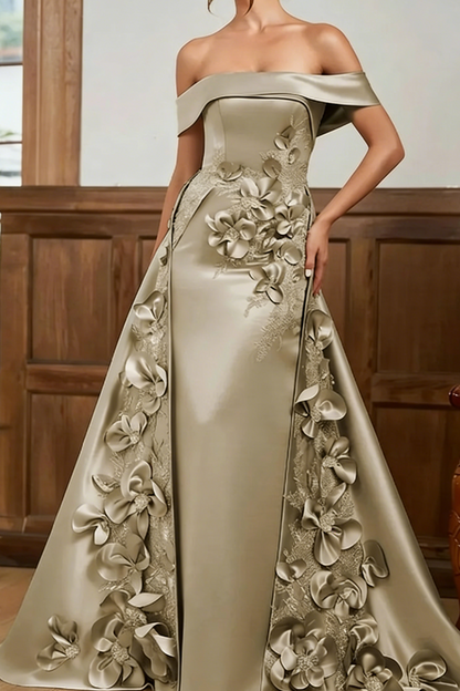 Flattering A-Line Off-the-Shoulder Long Sleeves Flower Sweep Train Silk Like Satin Corset Mother of the Bride Dress