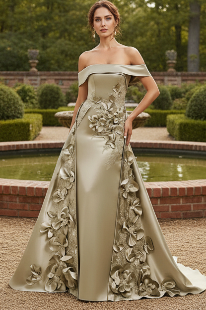 Flattering A-Line Off-the-Shoulder Long Sleeves Flower Sweep Train Silk Like Satin Corset Mother of the Bride Dress