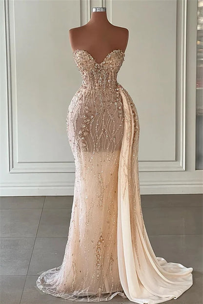Champagne Sweetheart Sleeveless Mermaid Evening Dress  With Ruffles Beadings